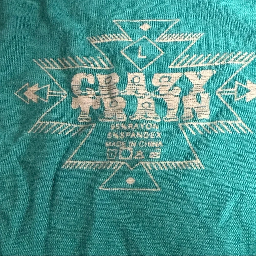 Crazy Train Teal Fringe Western Boho Top Festival Southwest Tee Size L - Picture 7 of 8